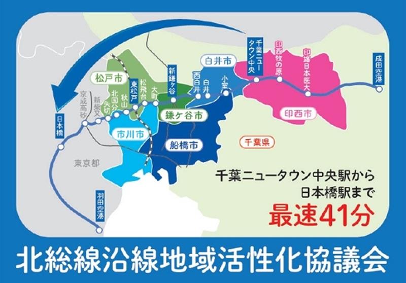 沿線一帯が地図に描かれた「活性化協議会」のラッピング広告。千葉ニュータウンから都心への近さをアピール（北総鉄道提供）