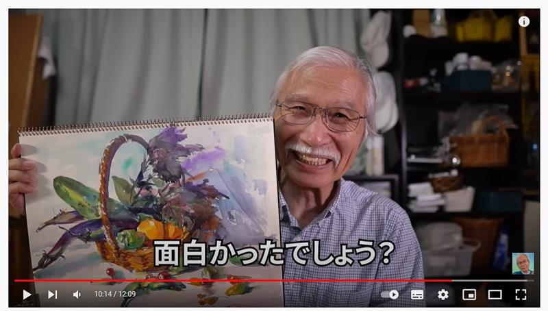 描いた水彩画を手に語りかける柴崎さん（ユーチューブチャンネル「Ｗａｔｅｒｃｏｌｏｒ　ｂｙ　Ｓｈｉｂａｓａｋｉ」から）