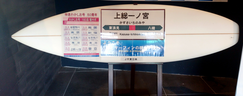 特急運転開始50周年を示す上総一ノ宮駅舎内の展示