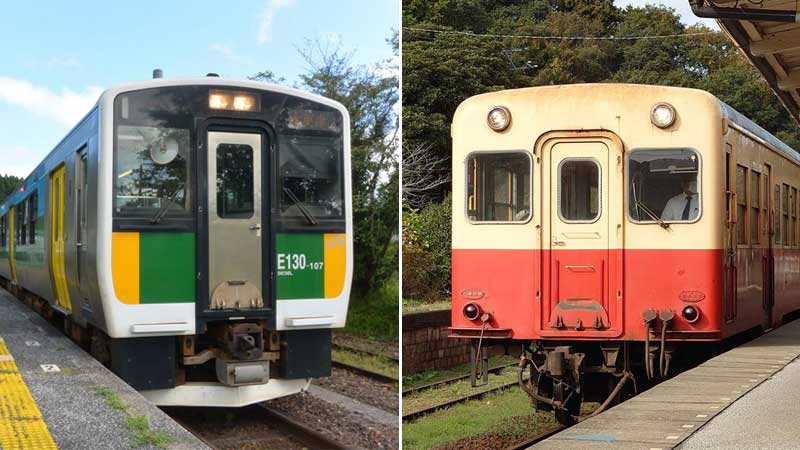 (左から)JR久留里線の列車、小湊鉄道の列車