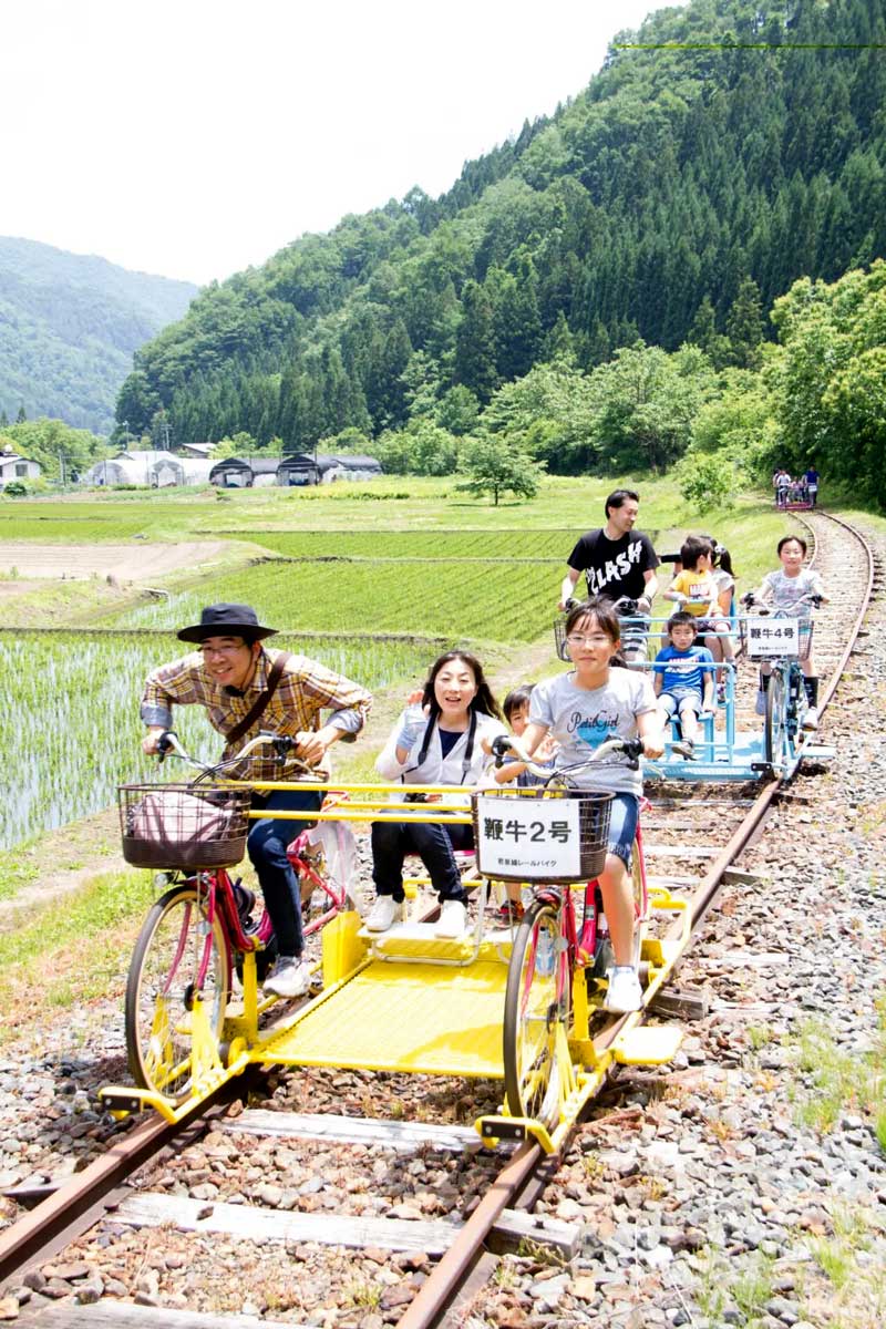 ２０１４年に廃止になった岩手県のＪＲ岩泉線の線路はレールバイクとして活用されている（和井内刈屋地域振興会提供）