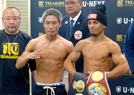 <p>　前日計量をクリアし、ポーズをとる挑戦者で元ＷＢＯミニマム級王者の谷口将隆（左）と２団体統一王者のレネ・サンティアゴ＝２日、東京都文京区</p>