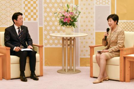 <p>　東京都の小池百合子知事（右）と面会する、日本ラグビー協会の土田雅人会長＝６日、都庁</p>