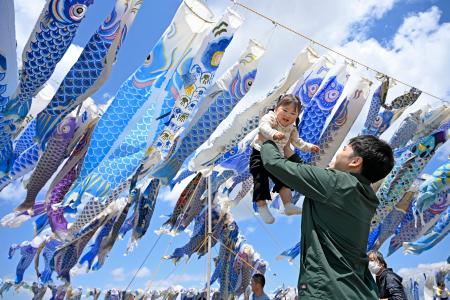 <p>　東日本大震災で犠牲になった子どもたちへの鎮魂の思いや未来への希望を込め、掲げられた約５００匹の青いこいのぼり＝５日午後、宮城県東松島市</p>