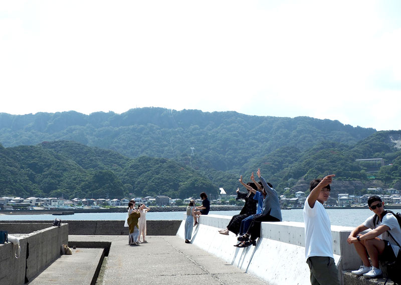 「日本遺産」認定を目指す鋸山と海岸でくつろぐ観光客=富津市金谷