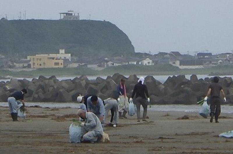 旭市の飯岡海岸で、ごみを拾い集める建設会社の有志ら
