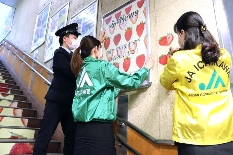 ポスターを掲示するＪＲ西船橋駅員とＪＡ職員