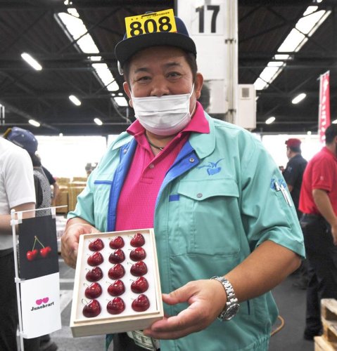 サクランボ「青森ハートビート」を１５粒１箱６０万円で落札した長塚青果のスタッフ＝２５日午前、青森県八戸市（共同）