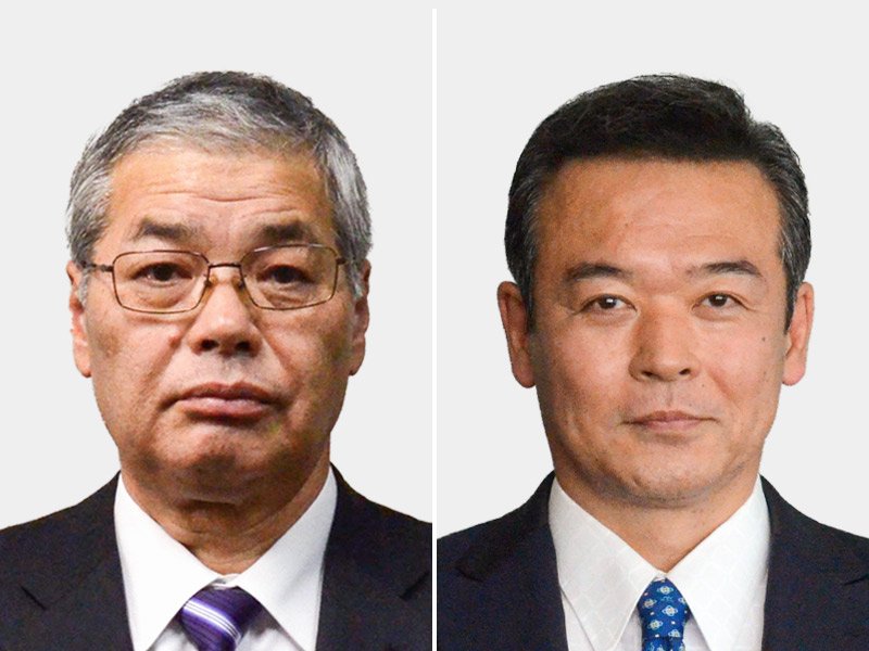 大網白里市長選に立候補を届け出た（左から）佐久間久良氏、金坂昌典氏