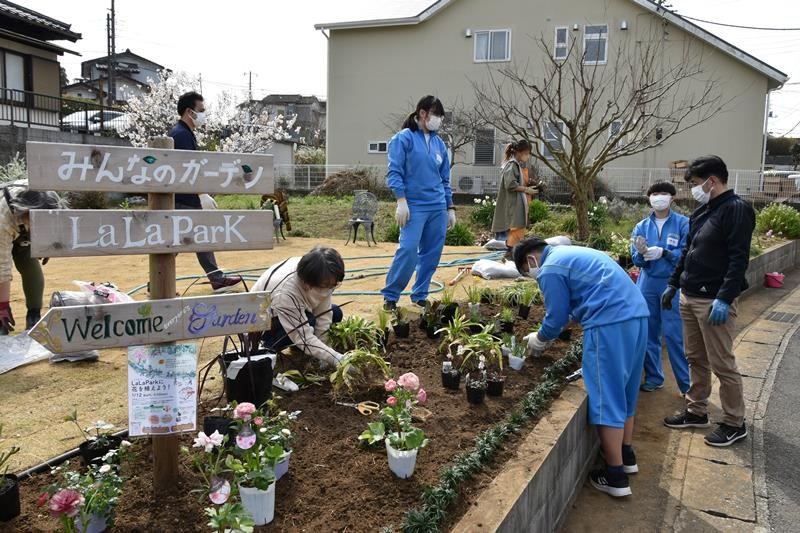 花苗を植える中学生ら＝市原市椎津
