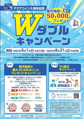 アクアコイン５周年記念ダブルキャンペーンのチラシ
