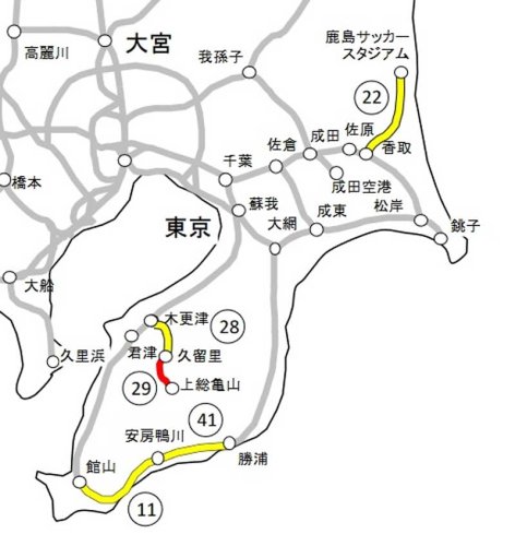 千葉県内の開示対象線区の利用状況。２０２２年度の平均通過人員が１日１０００人以上～２０００人未満の区間が黄色、１日５００人未満の区間が赤色（ＪＲ東日本の発表資料より）