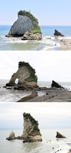 （写真上から）２０２１年５月の夫婦岩。大きい岩にまだ穴が見られない＝いすみ市岬町和泉、大きい岩に穴があいた崩落前の夫婦岩＝昨年６月（県夷隅土木事務所提供）、穴でアーチ状になっていた部分が崩落した現在の夫婦岩＝５日