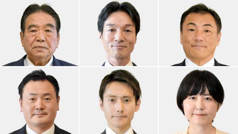 印西市長選に立候補した（左上から時計回りに届け出順）板倉正直氏、大崎雄介氏、中沢俊介氏、松本有利子氏、野崎崇正氏、藤代健吾氏