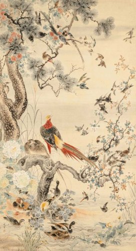 岡本秋暉《百花百鳥図》江戸時代（１９世紀）紙本着色　一幅　摘水軒記念文化振興財団蔵