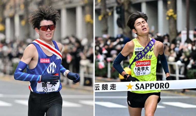 総合１１位でゴールに向かう順大のアンカー・古川達也（左）、総合１４位でゴールする中院大のアンカー・近田陽路（右）＝いずれも３日、東京・大手町