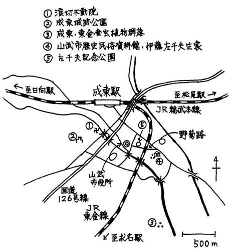 伊藤左千夫ゆかりの地　イチゴシーズンにぎわう　成東駅（ＪＲ総武本線・東金線）　【駅から２kmのおもしろ散歩　千葉地理学会】