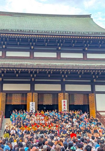 成田山新勝寺の大本堂前をステージに圧巻の演奏が披露された成田弦まつり＝成田市