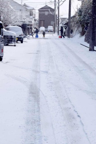 自宅前の雪かきをする親子＝８日朝、市原市内