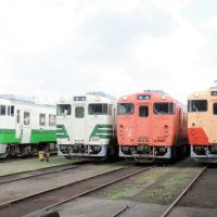 勢ぞろいした４種の「キハ４０」。左から東北地域本社色、男鹿色、通称タラコ色、小湊鉄道色＝９日、市原市の小湊鉄道五井機関区