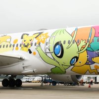 人気のピカチュウやセレビィが描かれた航空機＝９日、成田空港