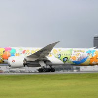 シンガポールに向けて飛び立とうとするピカチュウジェット＝９日、成田空港