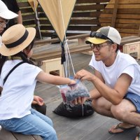 冷凍したブルーベリーを配る宇部さん（右）