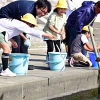 南白亀川にウナギを放流する子どもたち＝２４日、白子町