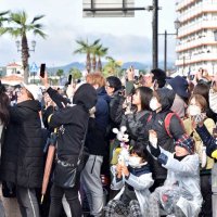 ディズニーパレードが始まり、一斉にスマホを向ける沿道の観客＝１２日、館山市