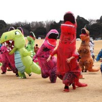 色とりどりの恐竜の着ぐるみ姿で全力疾走するティラノサウルスレース参加者＝袖ケ浦市