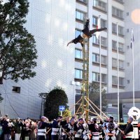 伝統のはしご乗りを披露するとび職人ら＝５日、船橋市