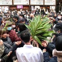 神事に使われたササは訪れた人々に配られた＝１９日、千葉市花見川区の検見川神社