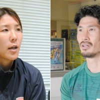 インタビューに応じる岸川（左）と鈴木＝千葉市中央区＝千葉市中央区