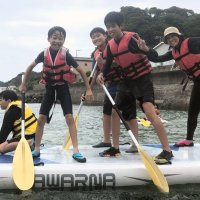 学校近くの志島海岸でＳＵＰ体験をする市立豊浜小の児童ら＝勝浦市（同校提供）