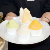 ＪＡちば東葛が開発した（前列左から）秋枝豆、おおまさり、カボチャのジェラート＝船橋市役所
