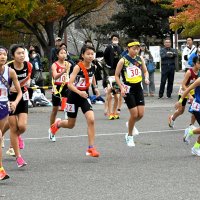 県中学駅伝で一斉にスタートする女子１区の選手＝柏の葉