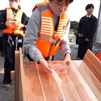 マダイの稚魚を放流する大貫小児童＝４日、富津市