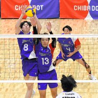 千葉―長野　第１セット、千葉・座間（８）と戸田（１３）がブロックを決める＝８日、千葉市のＹｏｈａＳアリーナ