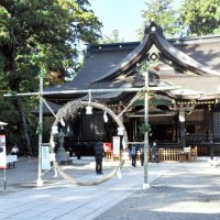香取神宮の境内に師走の風物詩の「茅（ち）の輪」が設置され、参拝客らが心身を清めるため、直径約３メートルの輪をくぐり抜けた＝８日、香取市