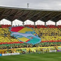 選手入場の時間に合わせ、スタンドでサポーターたちがジェフの大きなエンブレム幕を掲げた＝１３日午後１時ごろ、千葉市中央区のフクダ電子アリーナ